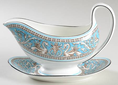 Florentine Turquoise Rim (No Center, White Body) Gravy Boat with Attached Underplate