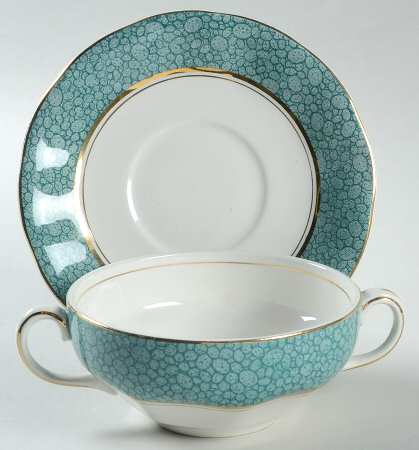 Garden (Aqua Border) Flat Cream Soup Bowl & Saucer Set