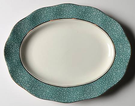 Garden (Aqua Border) 12" Oval Serving Platter