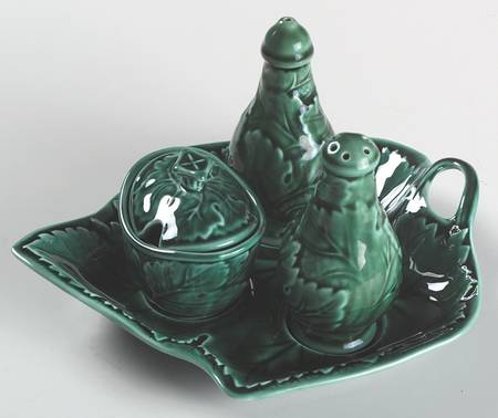 Green Glaze Salt & Pepper, Mustard with Lid & Tray