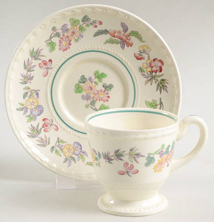 Harlech (Floral Rim & Center, No Trim) Footed Demitasse Cup & Saucer Set