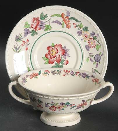 Harlech (Floral Rim & Center, No Trim) Footed Cream Soup Bowl & Saucer Set