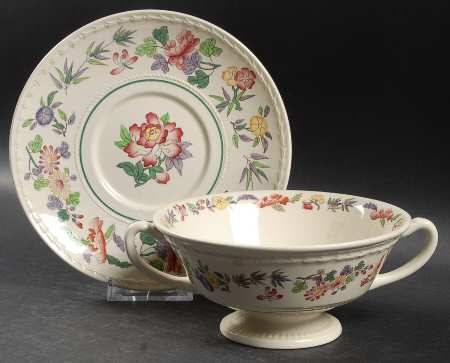 Harlech (Floral Rim & Center, No Trim) Footed Cream Soup Bowl & Saucer Set