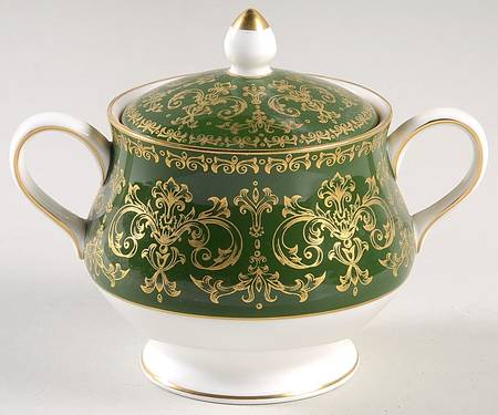 Harlech Green (Green Rim, Gold Scrolls) Sugar Bowl & Lid