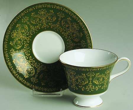 Harlech Green (Green Rim, Gold Scrolls) Footed Cup & Saucer Set