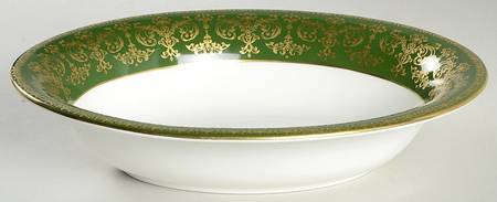 Harlech Green (Green Rim, Gold Scrolls) 9" Oval Vegetable Bowl