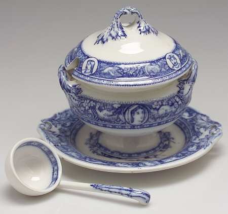 Ivanhoe (Flow Blue) Sauce Boat & Lid & Underplate & Ladle