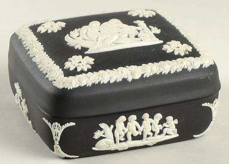 Cream Color on Black Jasperware Square Box with Lid