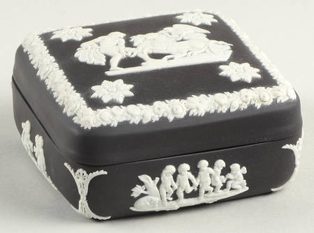 Cream Color on Black Jasperware Square Box with Lid