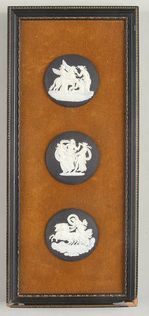 Cream Color on Black Jasperware Triple Plaque with Wood Frame