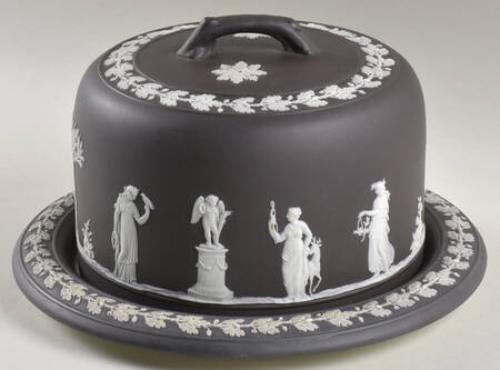 Cream Color on Black Jasperware Round Cheese Dish & Lid