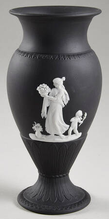 Cream Color on Black Jasperware 7" Sacrifice Vase