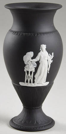 Cream Color on Black Jasperware 8" Sacrifice Vase