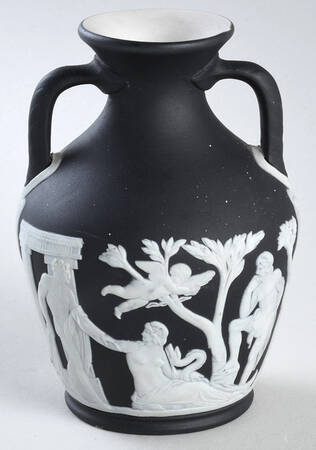 Cream Color on Black Jasperware 4" Two Handles Portland Vase