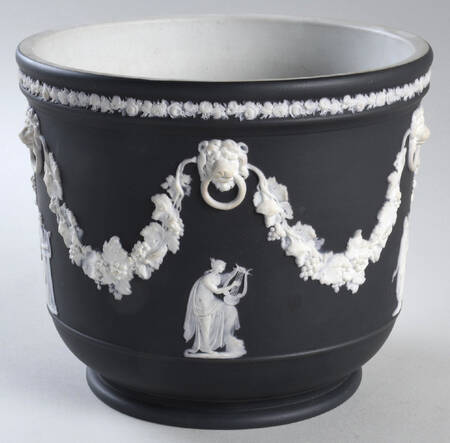 Cream Color on Black Jasperware 6" Jardiniere