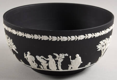 Cream Color on Black Jasperware Round Sacrifice Bowl