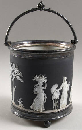 Cream Color on Black Jasperware Biscuit Barrel No Metal Lid