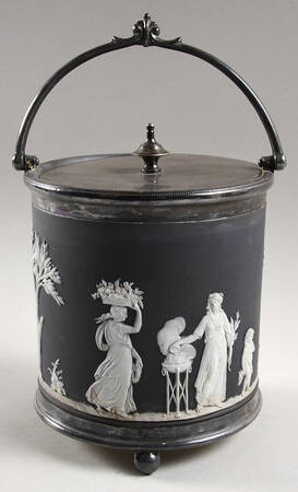 Cream Color on Black Jasperware Biscuit Barrel & Metal Lid