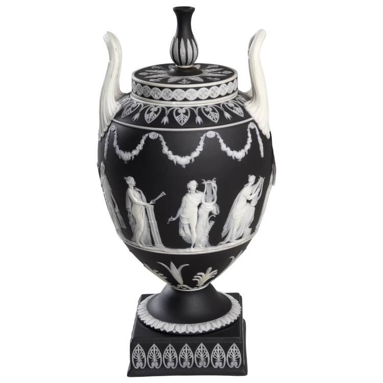 Cream Color on Black Jasperware 11" Vase/Urn & Lid