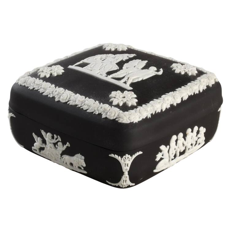 Cream Color on Black Jasperware Square Box with Lid