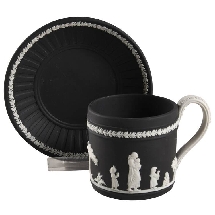 Cream Color on Black Jasperware Flat Demitasse Cup & Saucer Set