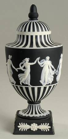Cream Color on Black Jasperware 9" Footed Urn with Lid