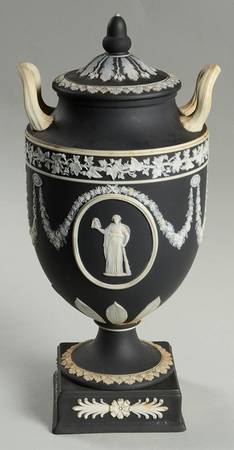 Cream Color on Black Jasperware 12" Vase/Urn & Llid