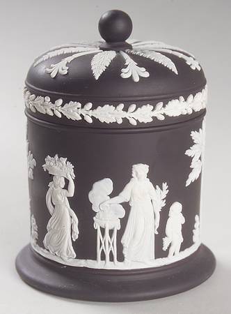 Cream Color on Black Jasperware Olympus Jar & Lid
