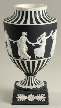 Cream Color on Black Jasperware 9" Footed Urn No Lid