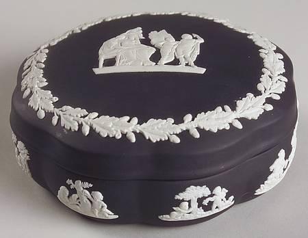 Cream Color on Black Jasperware Large Scalloped Candy Box & Lid