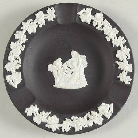 Cream Color on Black Jasperware Round Fluted 3-Slot Ashtray
