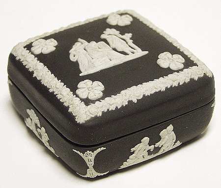 Cream Color on Black Jasperware Square Box with Lid