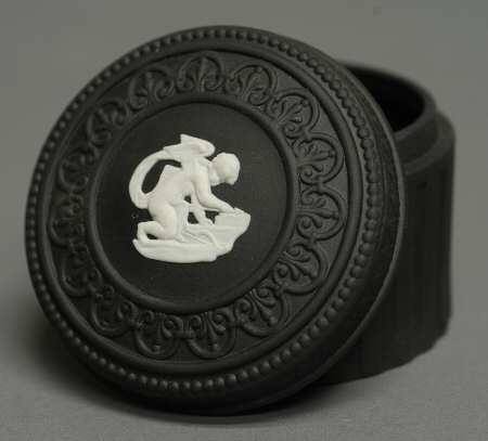 Cream Color on Black Jasperware Fluted Round Box & Lid