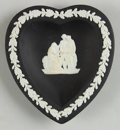 Cream Color on Black Jasperware Small Heart Shape Ashtray