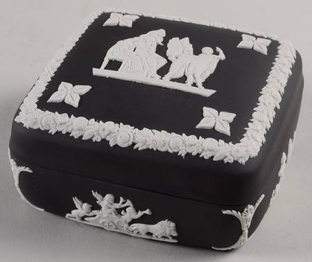 Cream Color on Black Jasperware Square Box with Lid