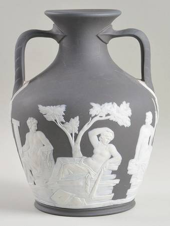 Cream Color on Black Jasperware Two Handled Portland Vase