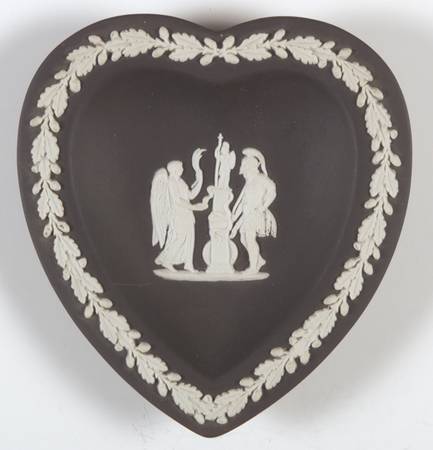 Cream Color on Black Jasperware Small Heart Shape Ashtray
