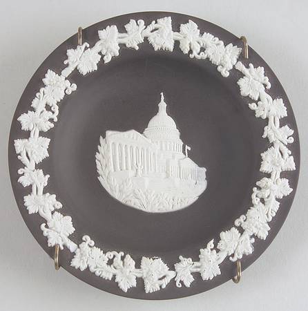 Cream Color on Black Jasperware Round Landmark Tray