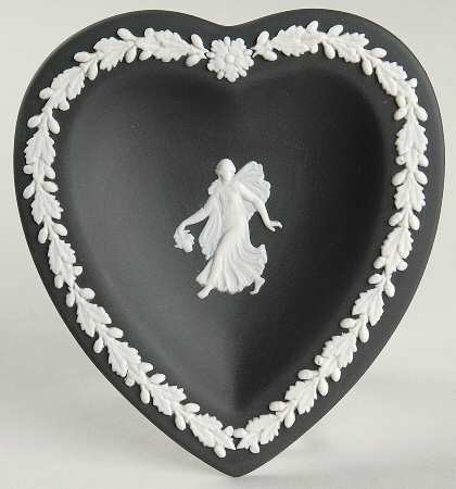 Cream Color on Black Jasperware Small Heart Shape Ashtray