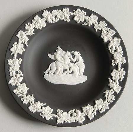 Cream Color on Black Jasperware 4" Round Tray