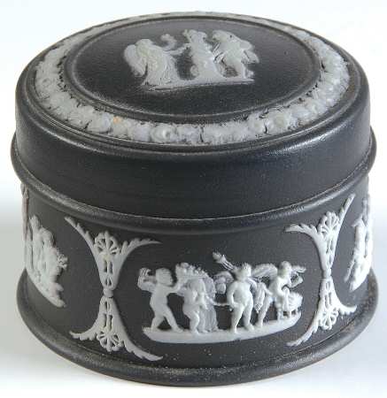 Cream Color on Black Jasperware Round Box & Lid