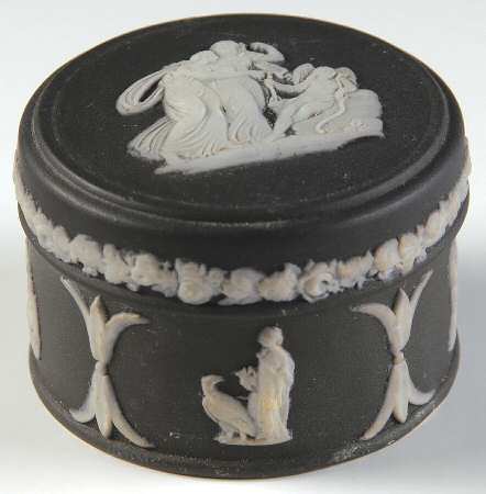 Cream Color on Black Jasperware Miniature Round Box