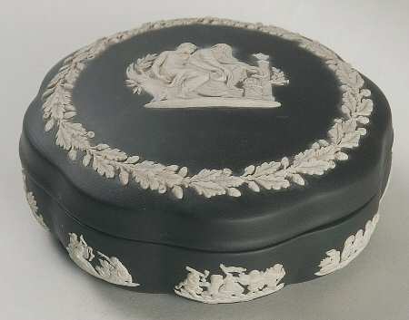 Cream Color on Black Jasperware Large Scalloped Candy Box & Lid