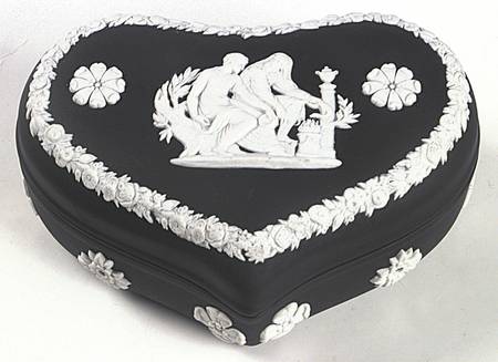 Cream Color on Black Jasperware Large Heart Shape Box with Lid