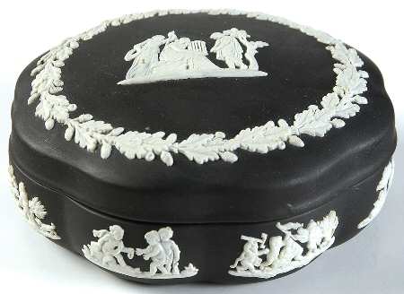 Cream Color on Black Jasperware Large Scalloped Candy Box & Lid
