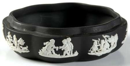Cream Color on Black Jasperware Large Scalloped Candy Box-No Lid