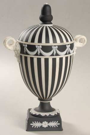 Cream Color on Black Jasperware Vase/Urn & Lid