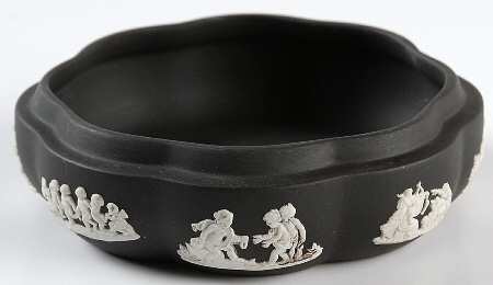 Cream Color on Black Jasperware Large Scalloped Candy Box-No Lid