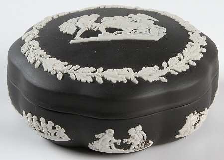 Cream Color on Black Jasperware Large Scalloped Candy Box & Lid