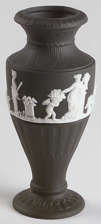 Cream Color on Black Jasperware 6" Fluted Vase